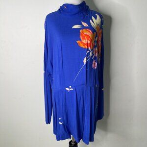 Free People Women's Gemma Blue Floral Long Sleeve Open Back Mini Dress Medium